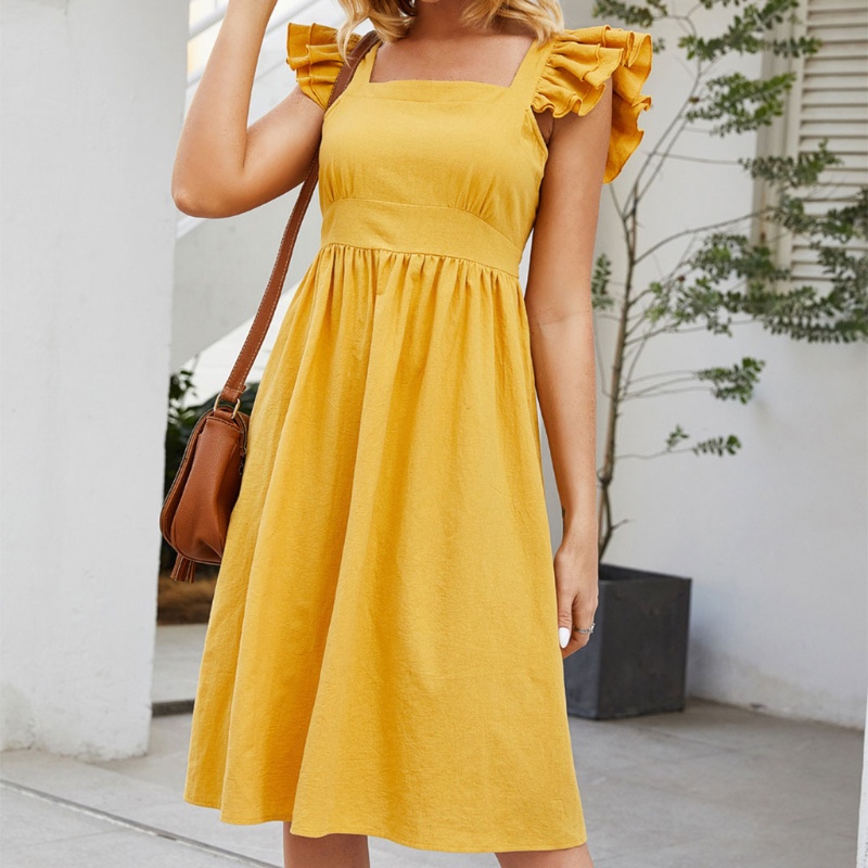 Đầm Midi Dáng Chữ A Cổ Vuông Chất Liệu Cotton Phối Bèo Thời Trang Cho Nữ