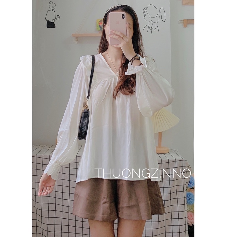 [Ảnh thật/Video]Set áo lụa nhúm bèo kèm quần nâu vintage Bộ đồ vintage nàng thơ | BigBuy360 - bigbuy360.vn