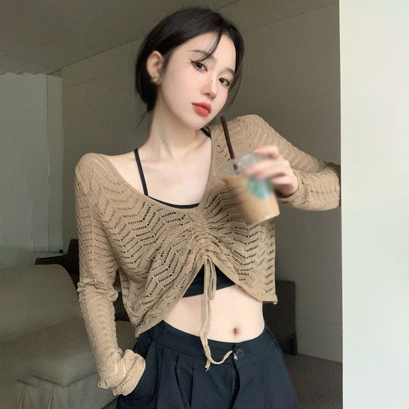 Áo Croptop Dệt Kim Tay Dài Chống Nắng Màu Sắc Trơn Phối Dây Rút Phong Cách Vintage Hàn Quốc Cho Nữ