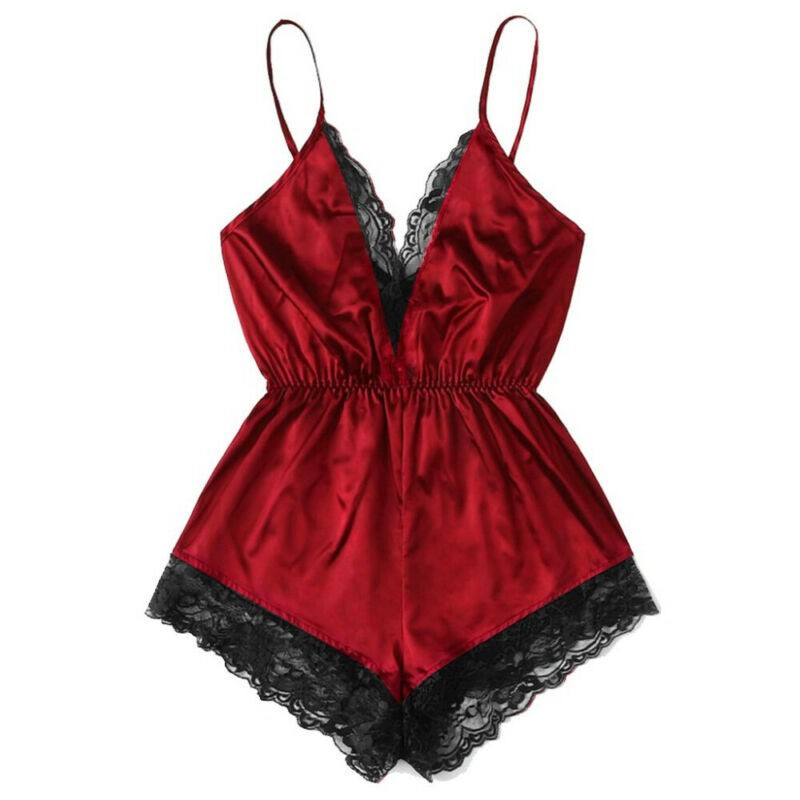 Đồ ngủ liền quần vải satin phối ren hoa thiết kế cổ V quyến rũ