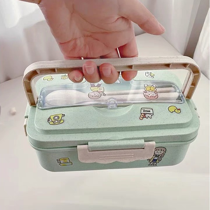 Hộp cơm văn phòng 3 ngăn lúa mạch tặng kèm bộ đũa thìa inox cao cấp, hộp đựng cơm du lịch an toàn sức khỏe