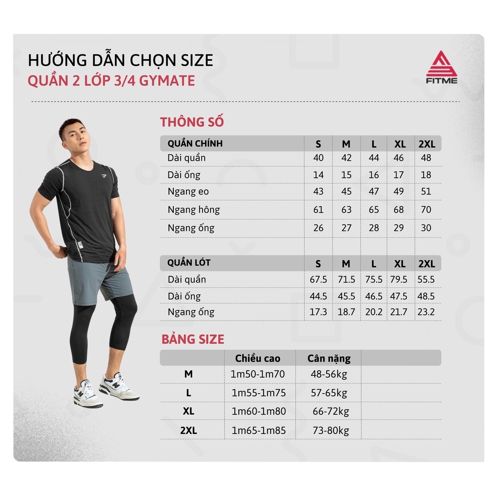 Quần lửng tập gym nam short 2 lớp Fitme lót legging 3/4 thể thao phong cách mạnh mẽ cá tính