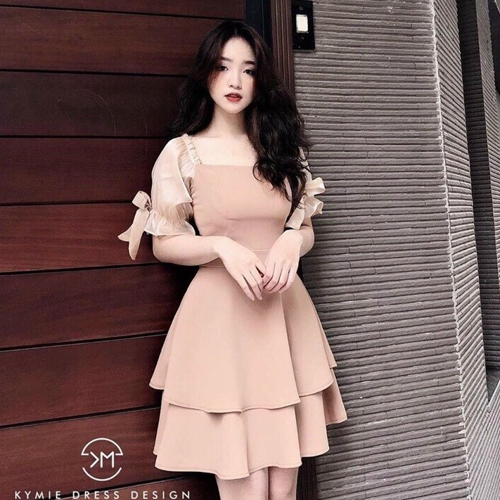 Váy đầm nữ dáng xòe trễ vai xếp tầng (có mút) HT2