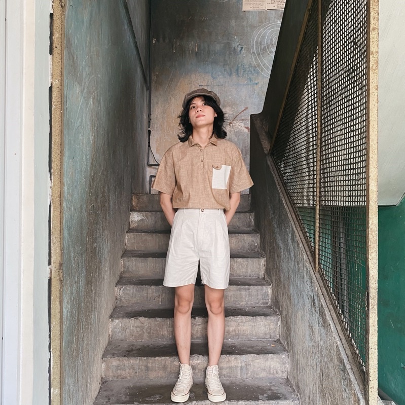 75s - Set áo linen có cổ phối túi và short linen xếp li