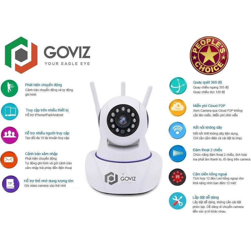 Camera wifi GOVIZ 3 Râu 3.0Mpx Full HD Đa chức năng , đàm thoại , ghi âm , lưu video ,báo động