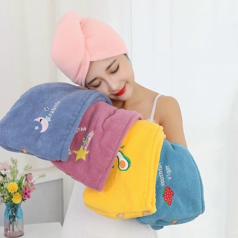 Khăn Tắm Quấn Tóc Thấm Hút Nước Nhanh Khô Bằng Lông Cừu San Hô Họa Tiết Quả Chanh/Dâu Tây Dành Cho Bạn Nữ