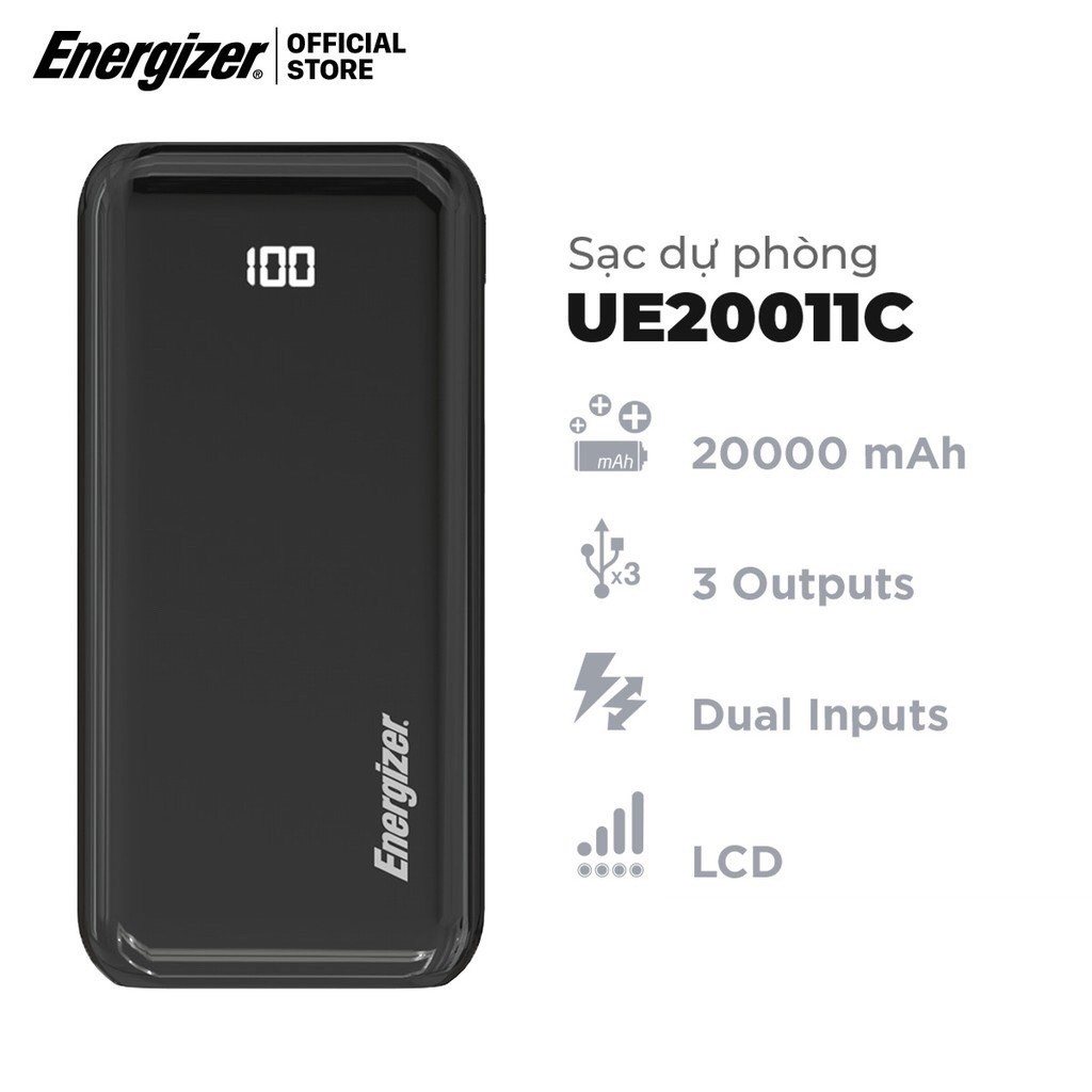 Sạc dự phòng Energizer 20,000mAh UE20011C - tích hợp 3 cổng outputs và 2 cổng inputs tiện lợi - Hàng Chính Hãng