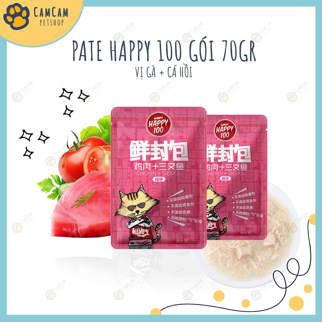 Pate cho mèo Wanpy Happy 100 gói 70gr - Thức ăn cho mèo dạng soup với thành phần chính Cá và Gà