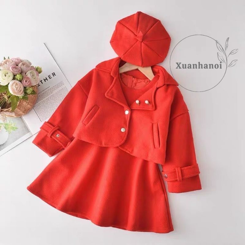 Xả hàng_Set Váy vest dạ bé gái 3 chi tiết Váy gile dạ đỏ, áo khoác dạ và mũ nồi XHN821
