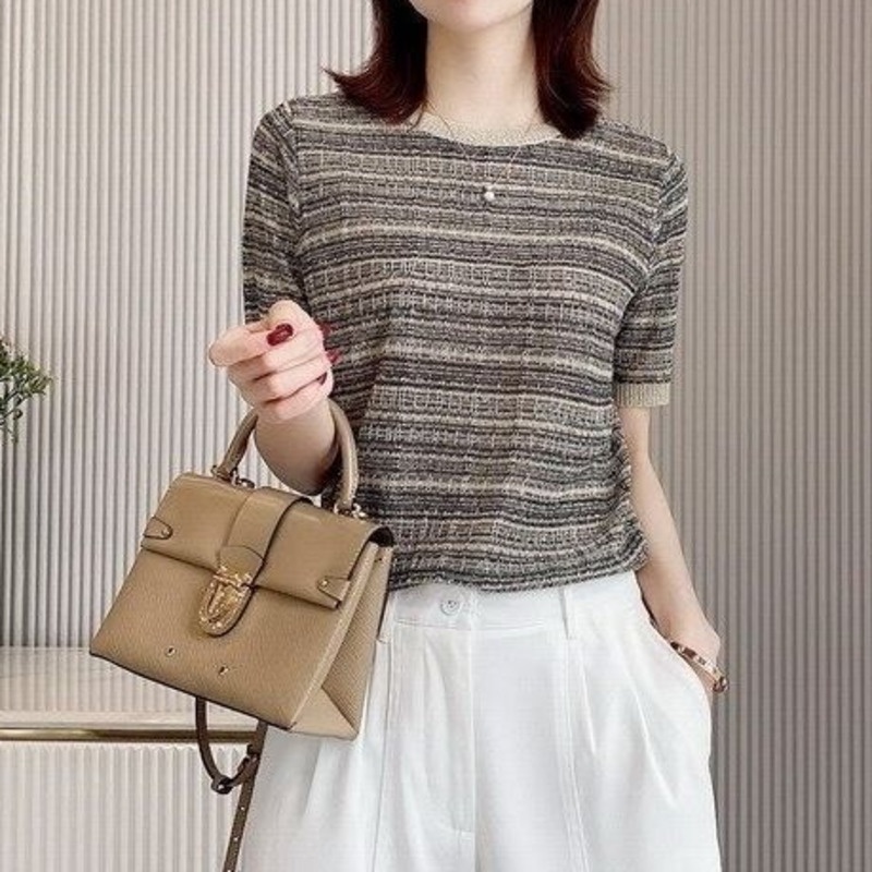 Áo Dệt Kim Ngắn Tay Màu Sắc Tương Phản Thời Trang 157410 Áo Thun Mỏng Cổ Tròn Dáng Rộng Thời Trang Mùa Hè Phong Cách Retro