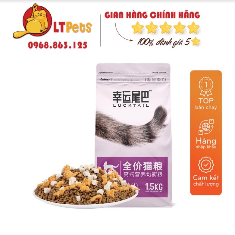 Thức ăn hạt LUCKTAIL cao cấp bổ sung 60 tỉ probiotic kèm đông khô, thịt sợi cho mèo cưng