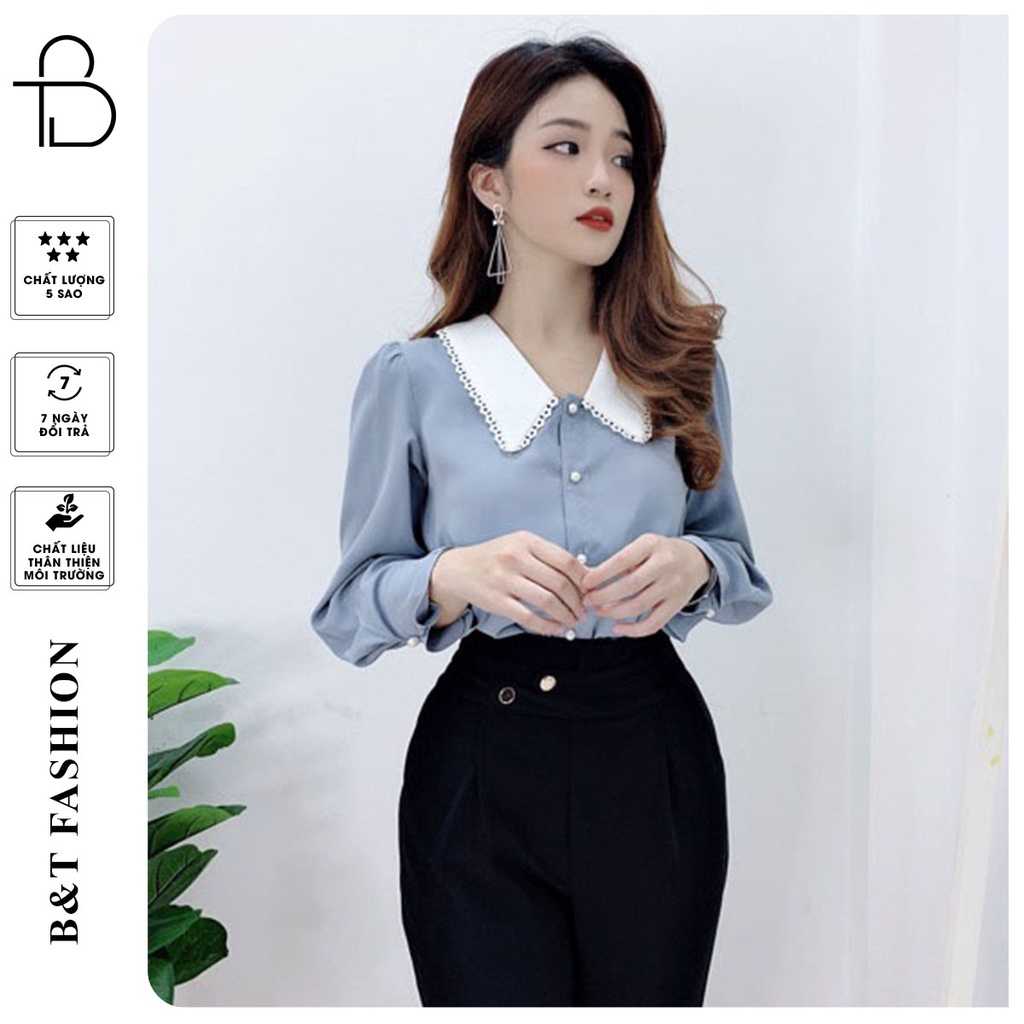 Áo Sơ Mi Nữ Công Sở chất liệu Trượt Hàn Cao Cấp, thiết kế Cổ Viền Trắng B&T Fashion A108