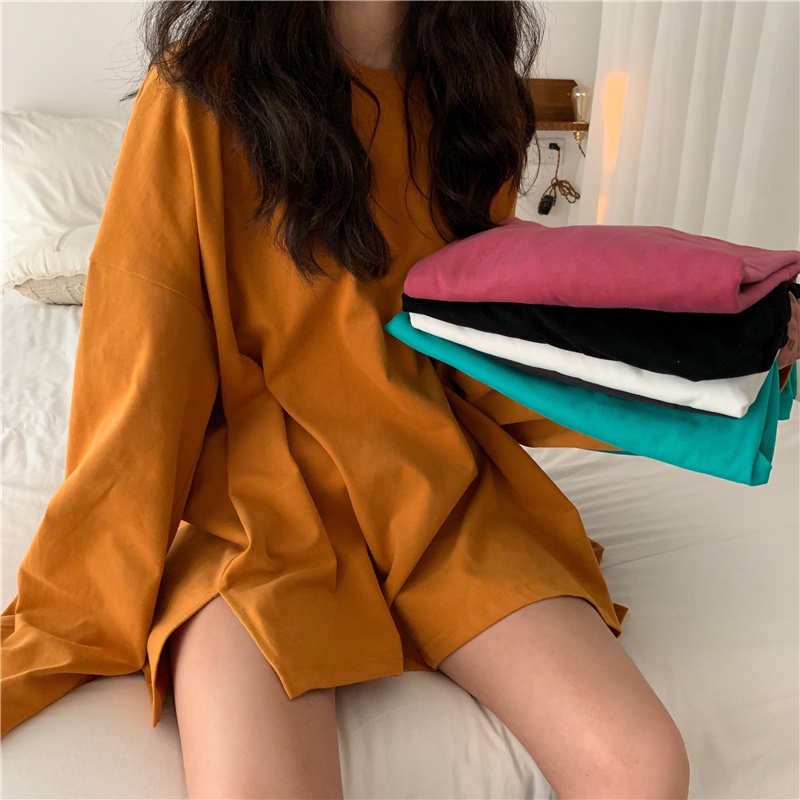 Áo Thun Tay Dài Cổ Tròn Dáng Rộng Xẻ Tà Cá Tính Cho Nữ