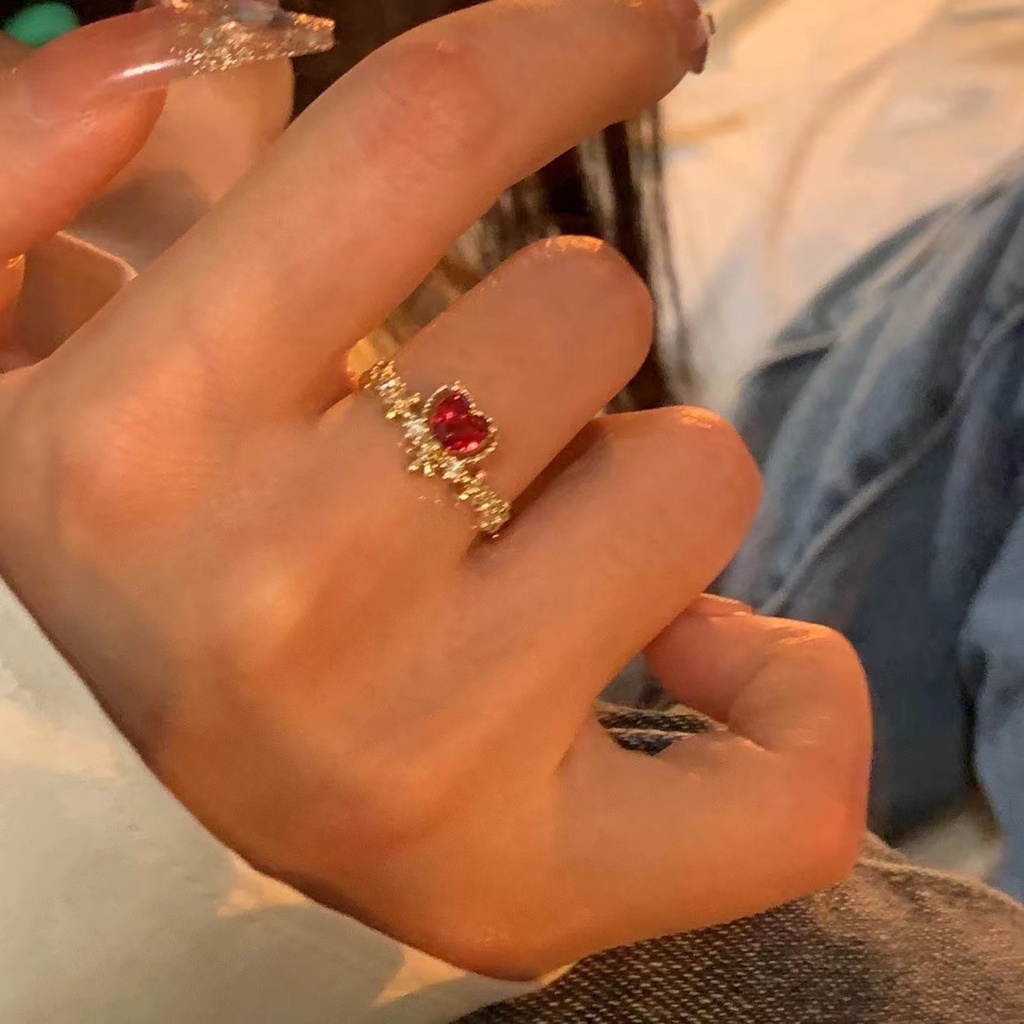 Bộ Nhẫn Hở Đính Đá Zircon Màu Đỏ Có Thể Điều Chỉnh Kích Thước