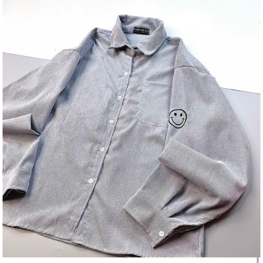 Áo Khoác Sơ Mi Nhung Gân Nam Nữ Unisex Thêu Logo Mặt Cười Chất Dày Dặn Phong Cách Hàn Quốc