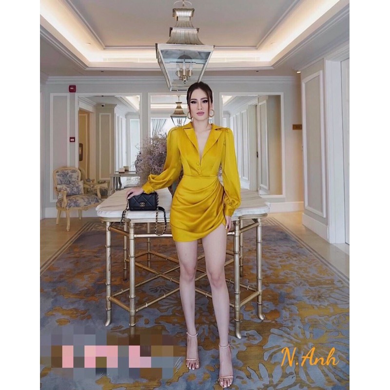 Váy lụa body cổ vest tay bồng xếp ly eo siêu sang chảnh