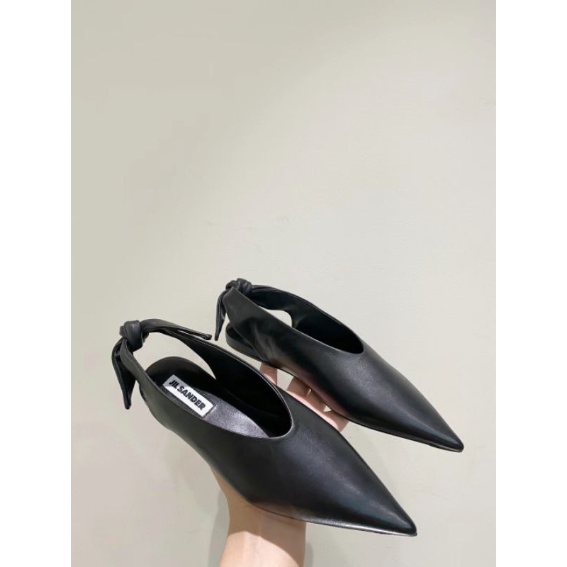 Giày búp bê nữ da thật mũi nhọn quai sau buộc nơ xinh Jil sander