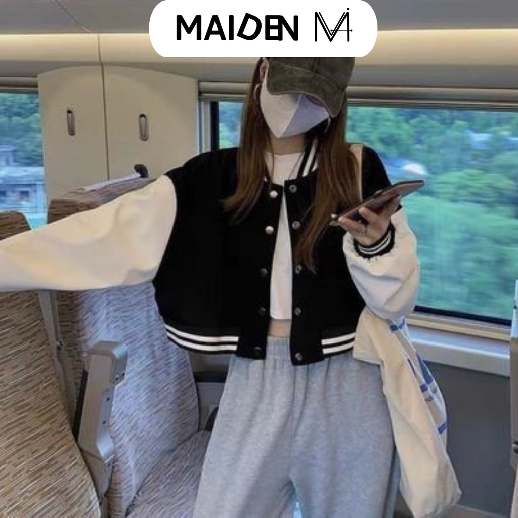 Áo bóng chày nữ croptop, áo bomber nữ croptop pha da