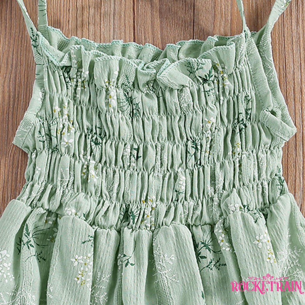 Set 2 Món Áo Liền Quần Họa Tiết Hoa + Băng Đô Nơ Cho Bé Gái