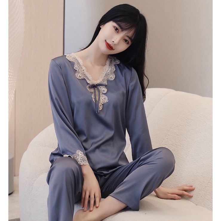 Bộ đồ lụa mặc ngủ, mặc nhà phối ren cao cấp - C98