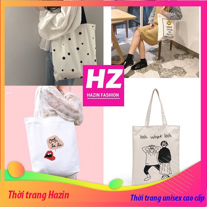 Túi tote vải bố đựng đồ canvas đeo vai Hazin, tote thời trang đeo chéo,vải canvas loại tốt nhiều mẫu đi học, đi làm