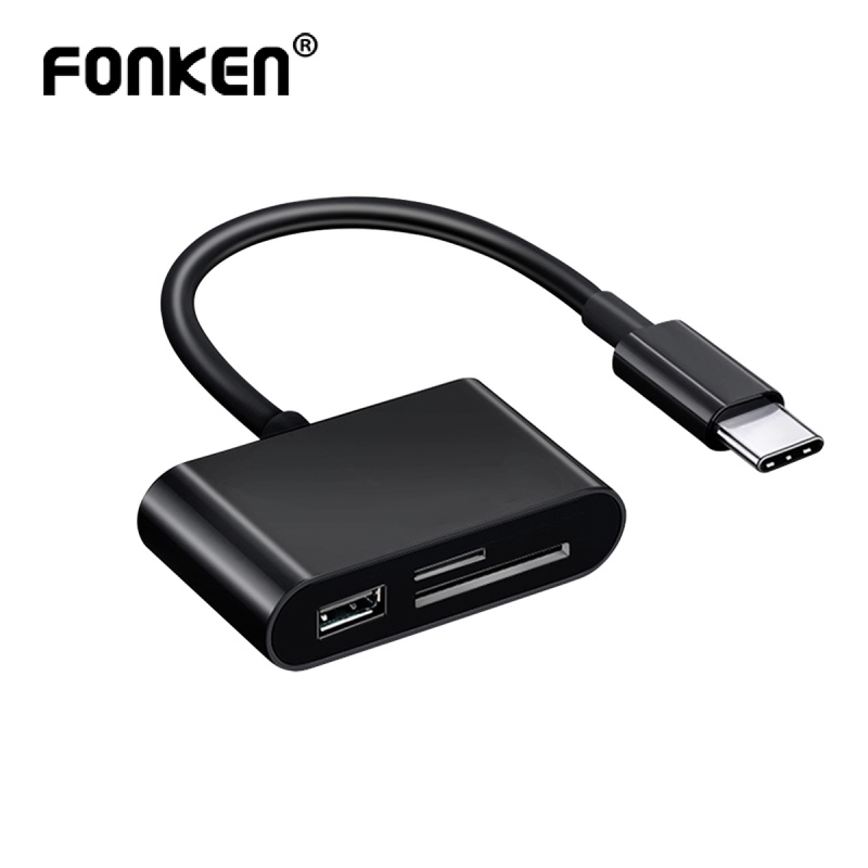 Đầu đọc thẻ kiêm dây cáp OTG FONKEN Type C / Micro USB sang SD / TF truyền dữ liệu 3 trong 1 cho điện thoại Macbook