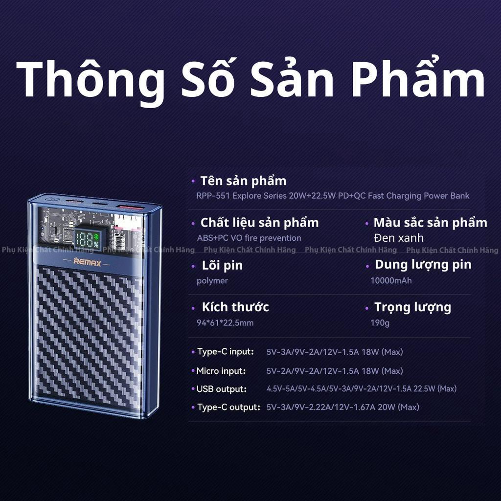 Sạc Dự Phòng Sạc Nhanh 22.5W Trong Suốt Dung Lượng10.000mAh Remax RPP-551 Thiết Kế Có Led Báo % Pin.