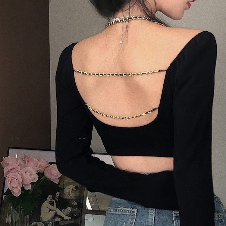 FXDAZI Áo Dài Tay Skinny!F & X Áo Thun Ngắn Hở Rốn Ôm Dáng Phối Dây Xích Thiết Kế Đầu Tiên Phong Cách Mùa Xuân Mới Quyến Rũ Cho Nữ