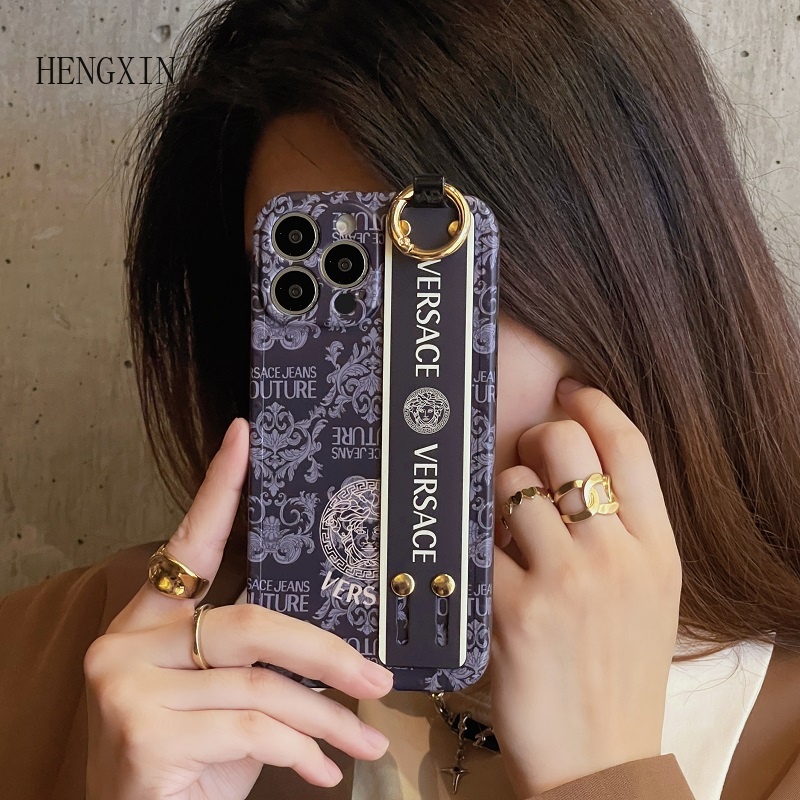 Trendy Versace Wrist Strap Holder Case for iPhone 1514 11 12 13 Pro Max Shockproof Silicone Protective Case