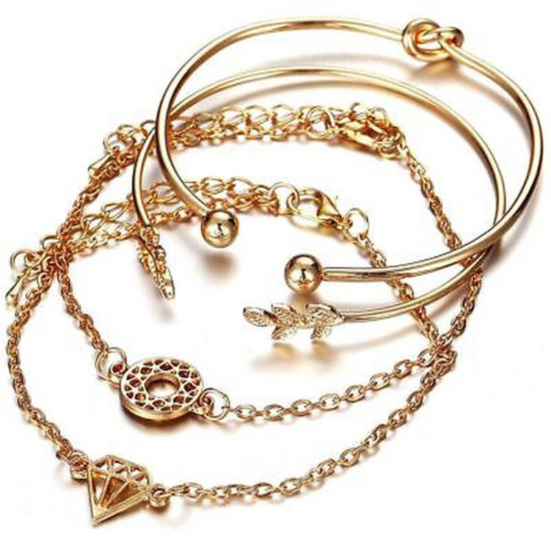 4pcs Fashion Leaf Knot Adjustable Open Bangle Gold Bracelet Jewelry