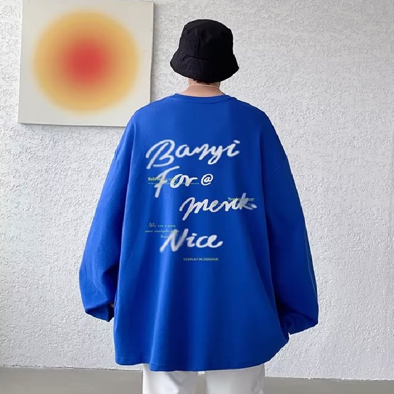 Áo Thun Tay Dài Cổ Tròn Dáng Rộng In Chữ Phong Cách Hip Hop Đường Phố Cho Nam Cỡ M-5XL