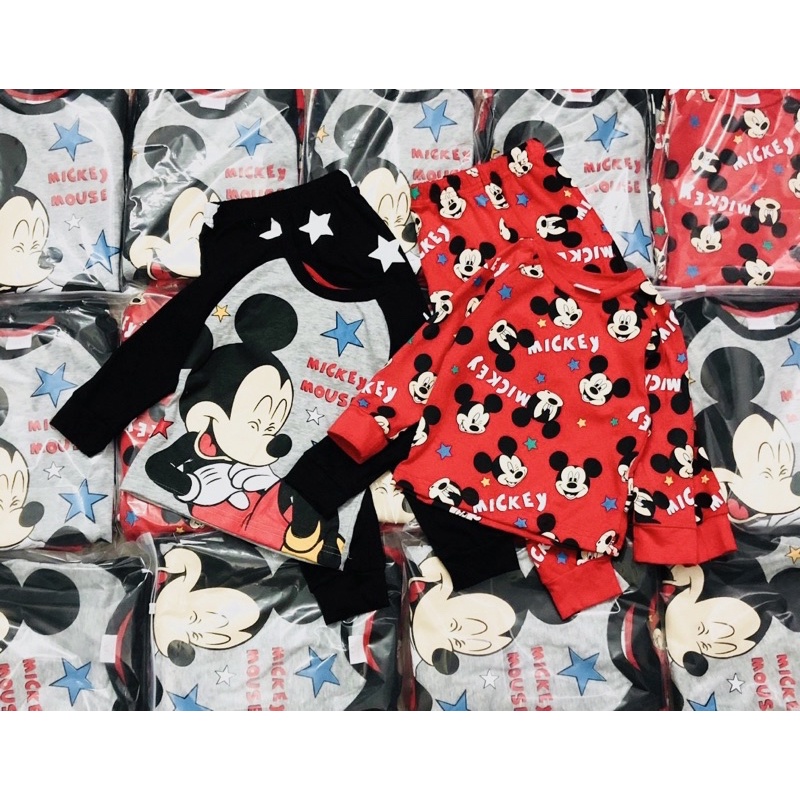Set 2 bộ cotton dài tay in hình mickey cho bé trai size từ 10-24 cân
