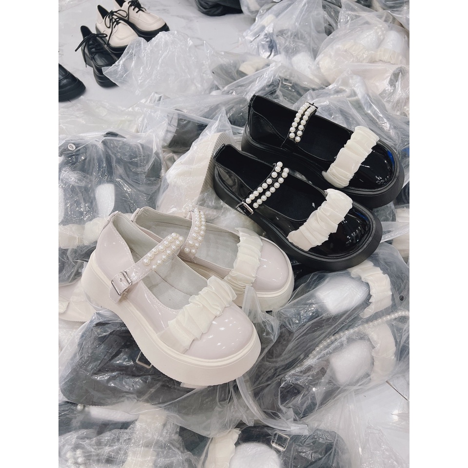 Giày Lolita Tiểu hư Học Đường Cài Ngọc Gắn Nơ Cosplay, giày búp bê nữ phong cách hàn quốc Vintage