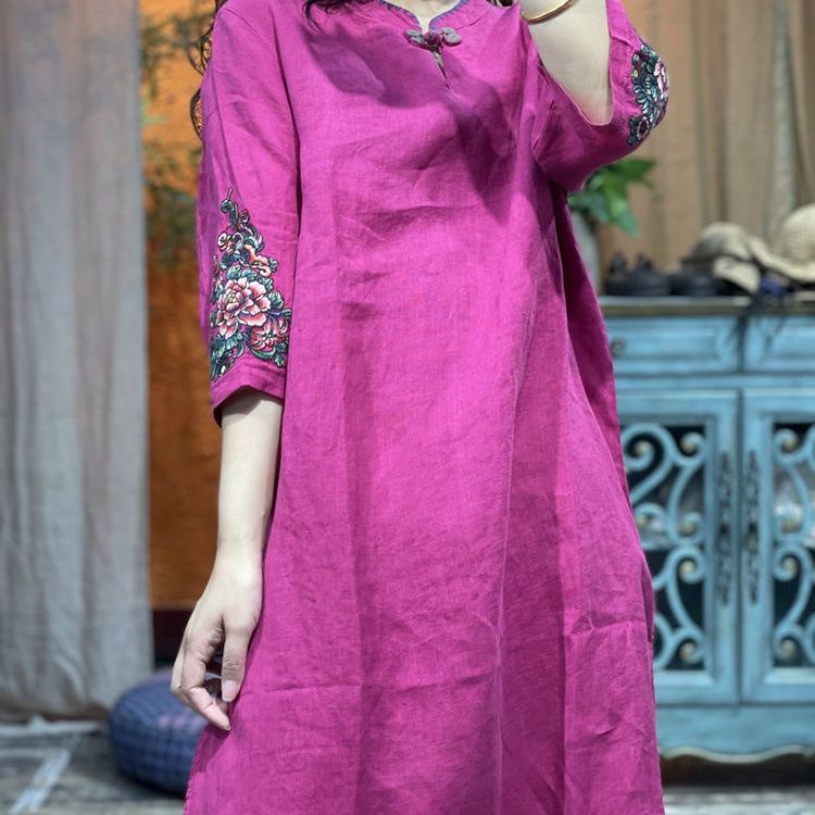 Đầm Cotton Cổ Tròn Dáng Rộng Xinh Xắn Dành Cho Nữ | Đầm Phong Cách Trung Hoa Cổ Điển Plus Size | Sườn Xám Thêu Trung Quốc