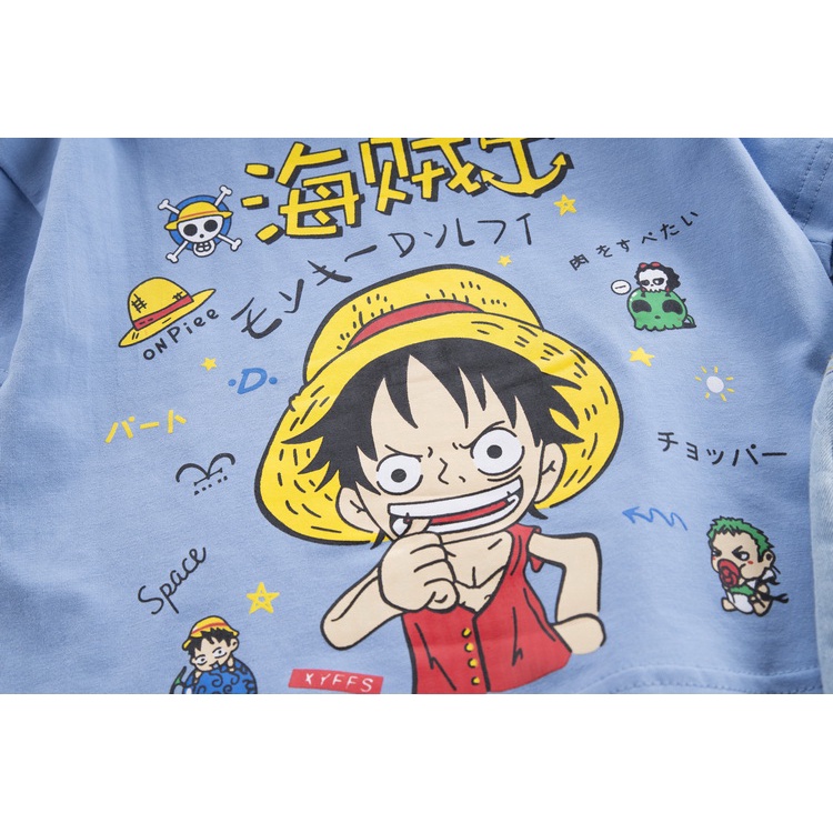 Bộ áo thun cotton in hoạt hình Luffy + mũ rơm + quần jeans cho bé trai 0-5 tuổi