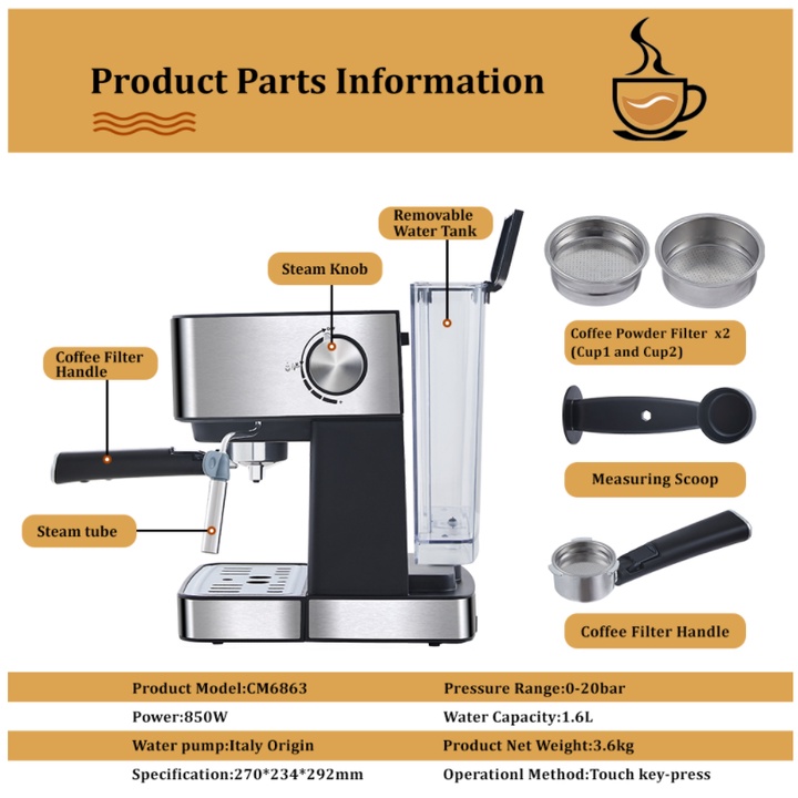 Sản Phẩm Máy pha cà phê Espresso CM6863, 850W. Thương hiệu cao cấp đăng ký tại USA (Mỹ) BioloMix - CHÍNH HÃNG BẢO HÀNH 1