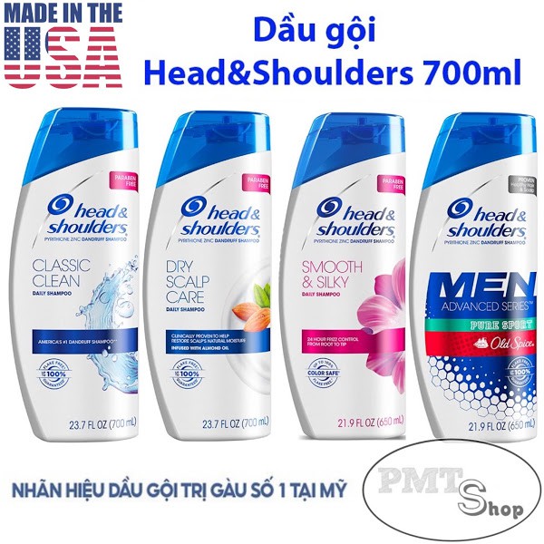 [USA] Dầu gội xả 2in1 Head & Shoulders Classic Dry Scalp Care Smooth & Silky Pure Sport 700ml 650ml sạch gàu - Mỹ