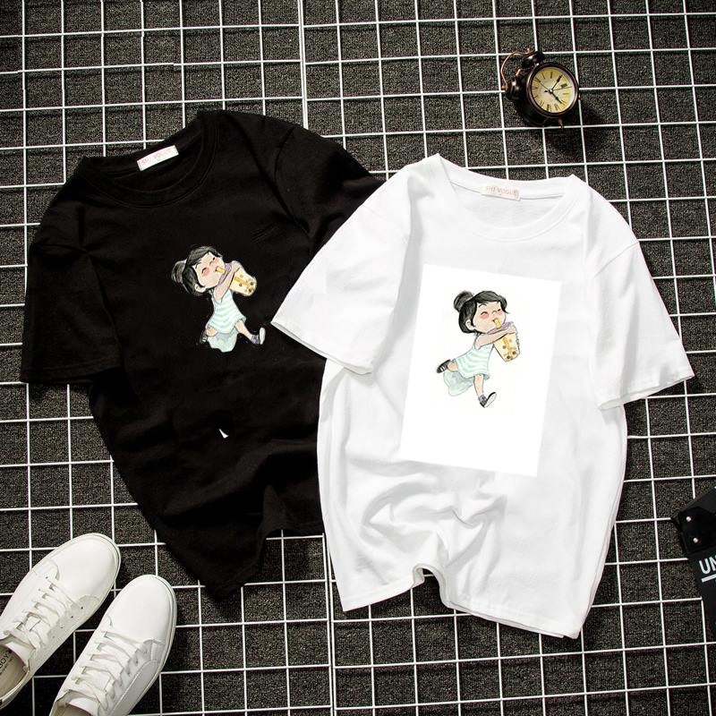 Áo thun unisex cô bé yêu trà sữa form rộng vải dày mịn 2019T917