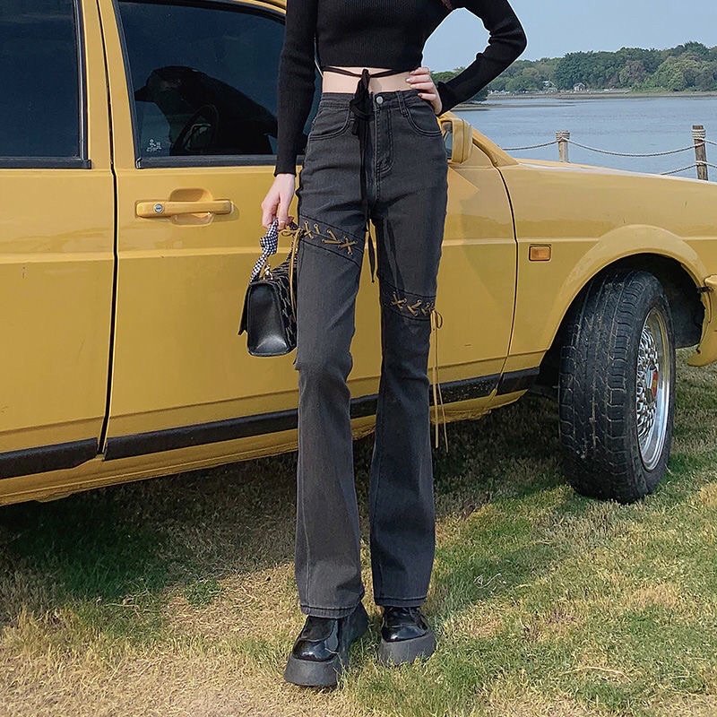 Quần jeans thắt gối đan dây douyin phong cách retro