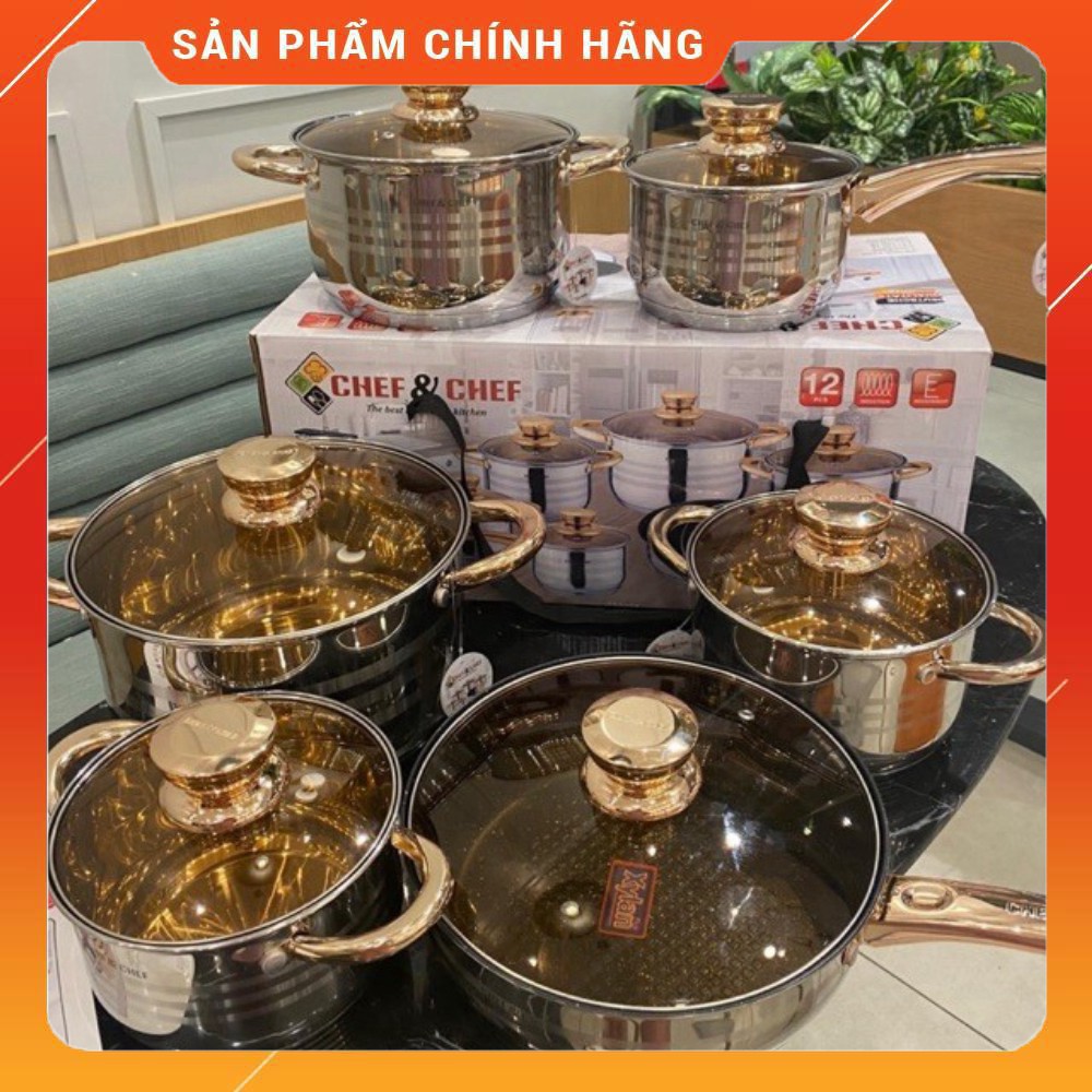 [ VÔ ĐỊCH GIÁ ] Bộ Nồi Inox 6 Món, 12 Chi Tiết, Vung Kính Vàng, Đáy 5 Lớp. Thương Hiệu Chef &amp; Chef. Công Nghệ Đức [ HÀNG