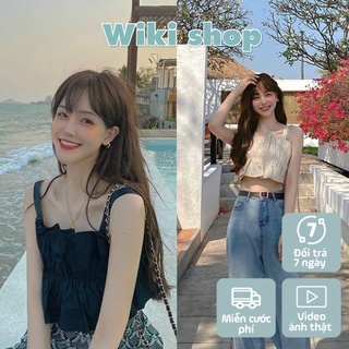 Áo croptop nữ 2 dây bản to xếp ly Wikishop đen be freesize phom ôm có chun co giãn hở eo sexy hàn quốc C956