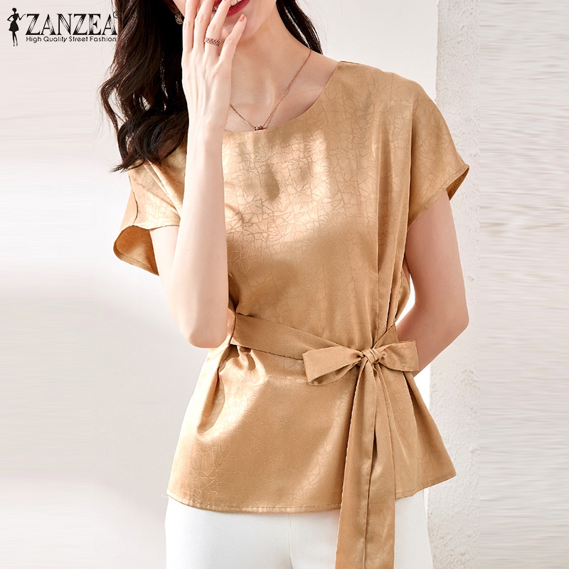 Zanzea Áo Satin Cổ Tròn Thắt Dây Eo Tay Ngắn Thanh Lịch Dành Cho Nữ