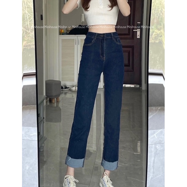 Quần bò gập gấu chất co dãn xanh đậm