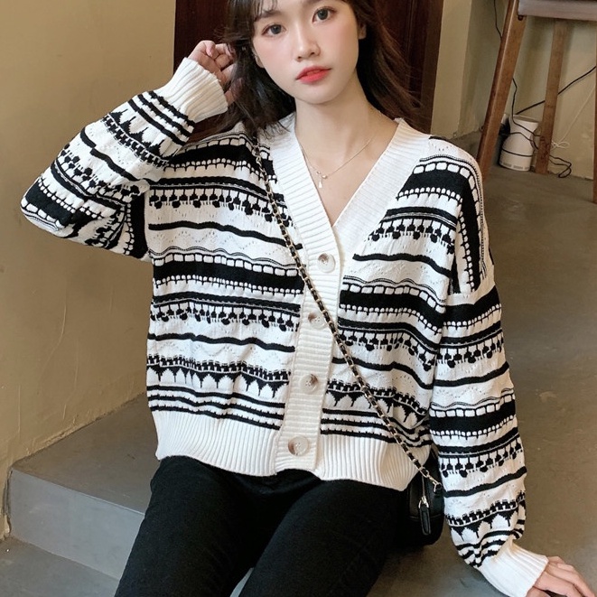 Áo Khoác Cardigan Cổ Chữ V Form Rộng Họa Tiết Kẻ Sọc Thời Trang Mùa Thu Phong Cách Hàn Quốc Mới Cho Nữ