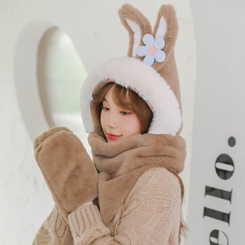 Set Găng Tay + Mũ + Găng Tay + Khăn Choàng 3 Trong 1 Bằng Vải Lông Đính Tai Thỏ Ấm Áp Thời