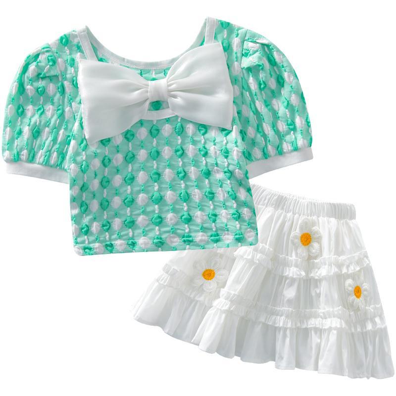 Set Áo Thun Tay Ngắn Phồng Đính Nơ Phối Chân Váy Thời Trang Hè Hàn Quốc 2022 Mới Cho Bé Gái