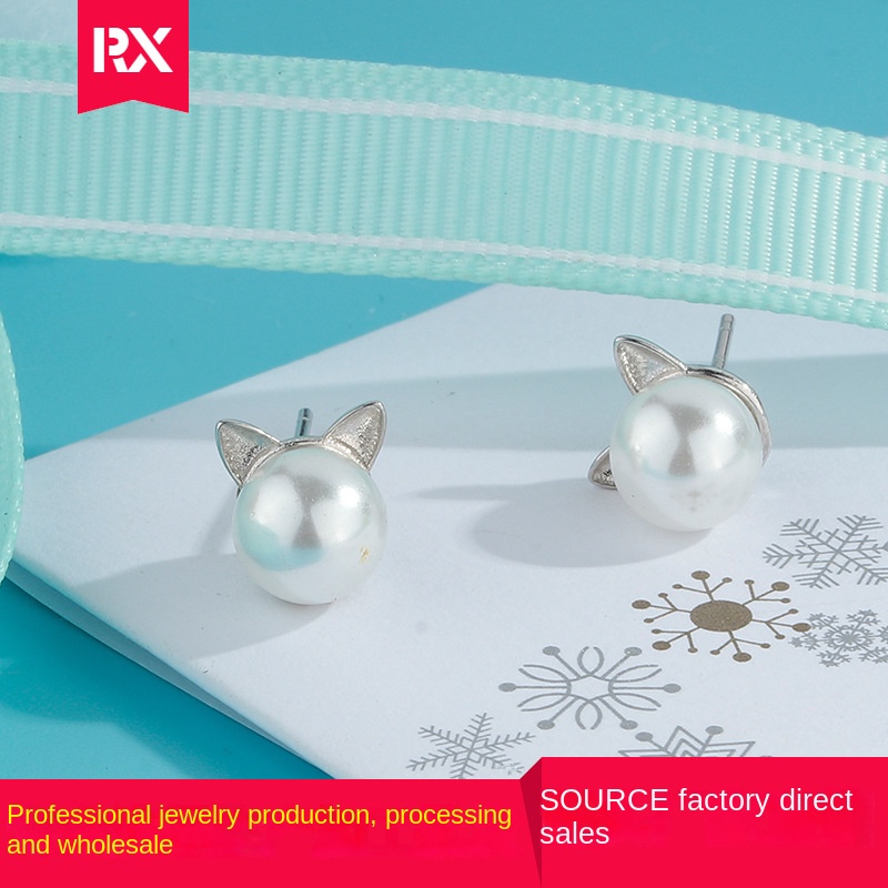 Bông Tai Hình Mèo Đính Ngọc Trai Dễ Thương Phong Cách Âu Mỹ Thời Trang Cho Nữ