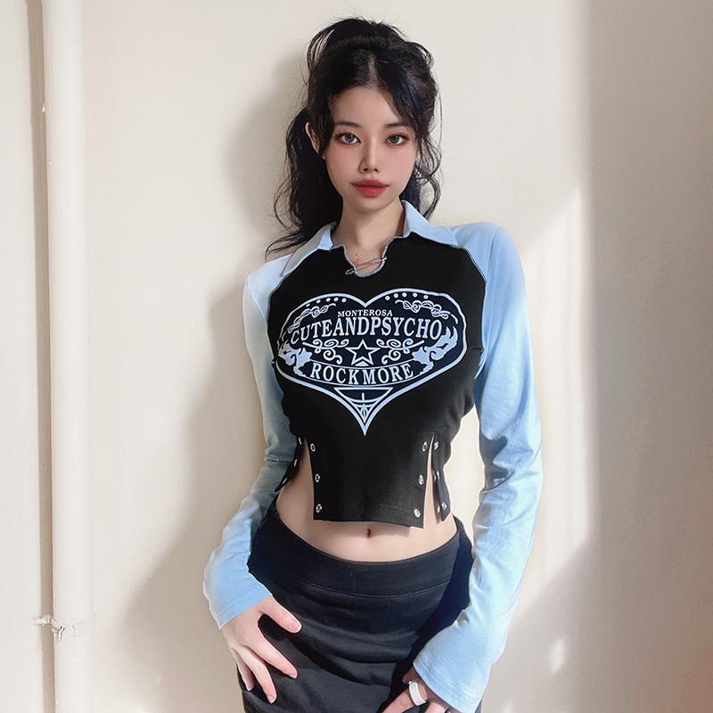 Áo thun nữ tay dài cổ áo polo in màu tương phản phong cách vintage