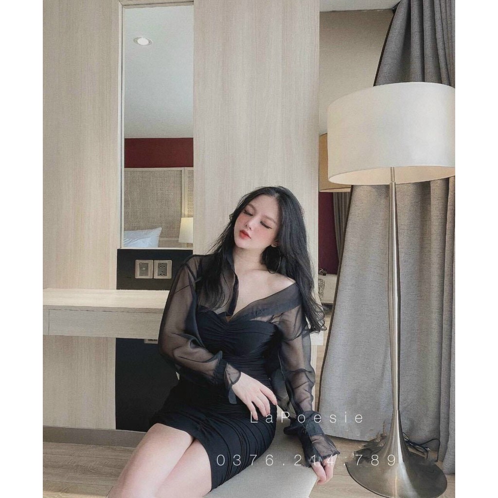 Set đầm body cúp ngực và áo khoác voan thời trang