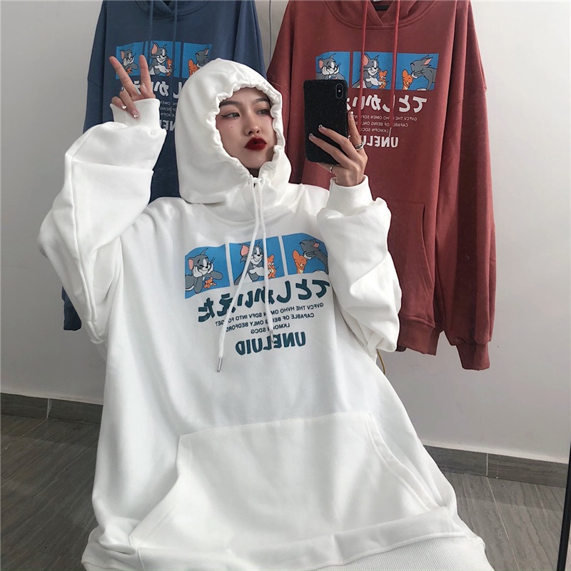 áo hoodie nữ form rộng có mũ thời trang ulzzang hàn quốc, áo hoodie nữ nỉ hình tom và jerry thời trang unisex du lịch | BigBuy360 - bigbuy360.vn